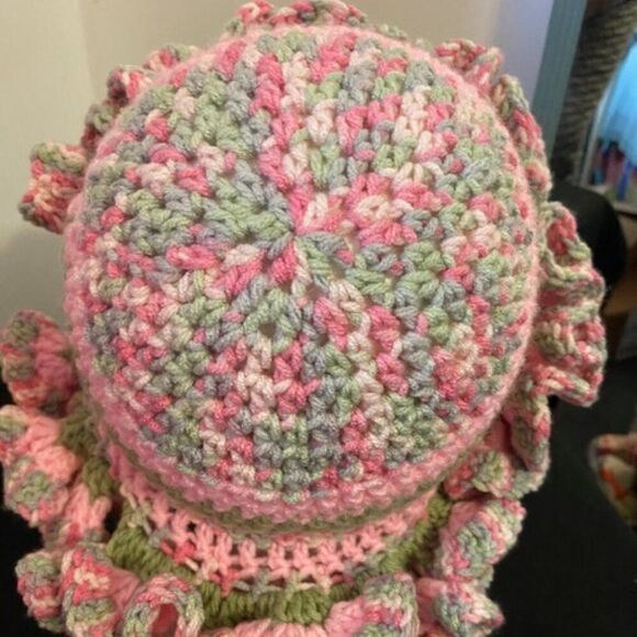 Handcrafted Crochet Pink/Green ruffle bucket hat - Picture 3 of 4